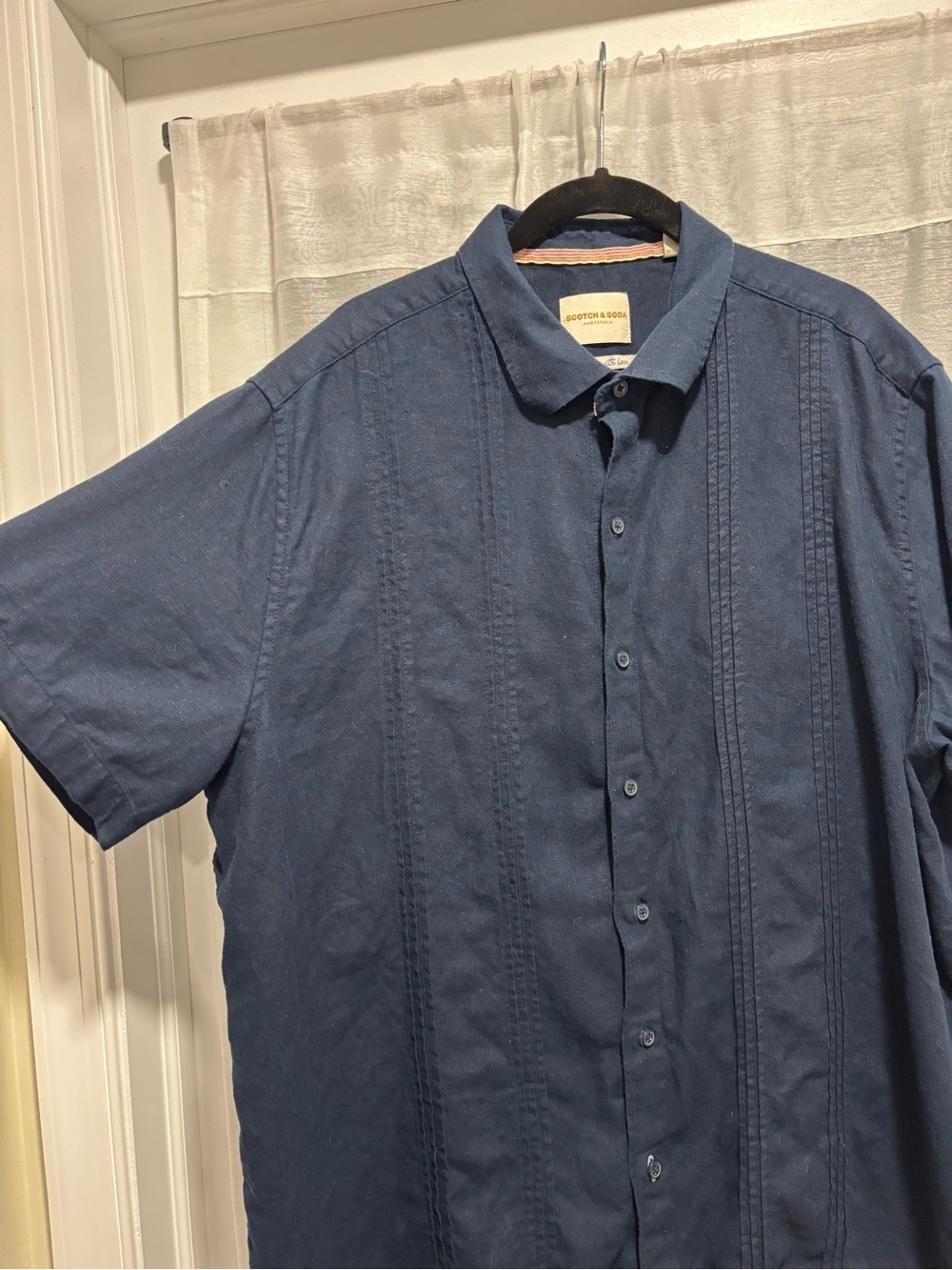 Scotch & Soda Amsterdam Linen Blend Resort Shirt Blue Short Sleeve Button Up XL